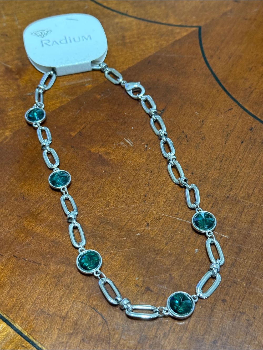 Anthropologie Radium Creation Silver-Toned Chain Link Green Gemstone Necklace🔥🔥🔥